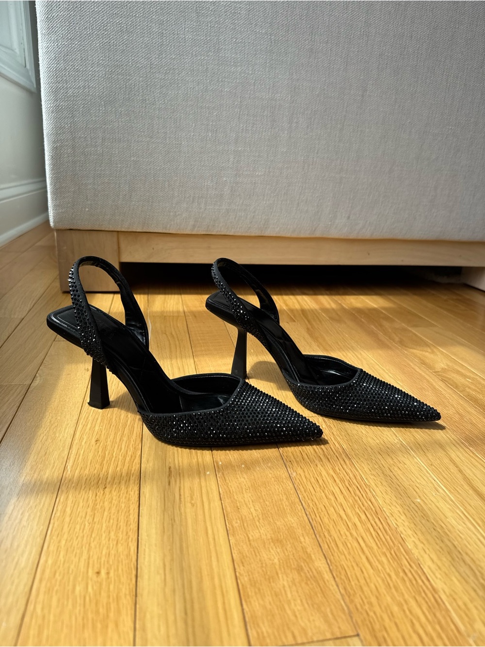 Zara Black Pointed Slingback Crystal-Heel Pumps